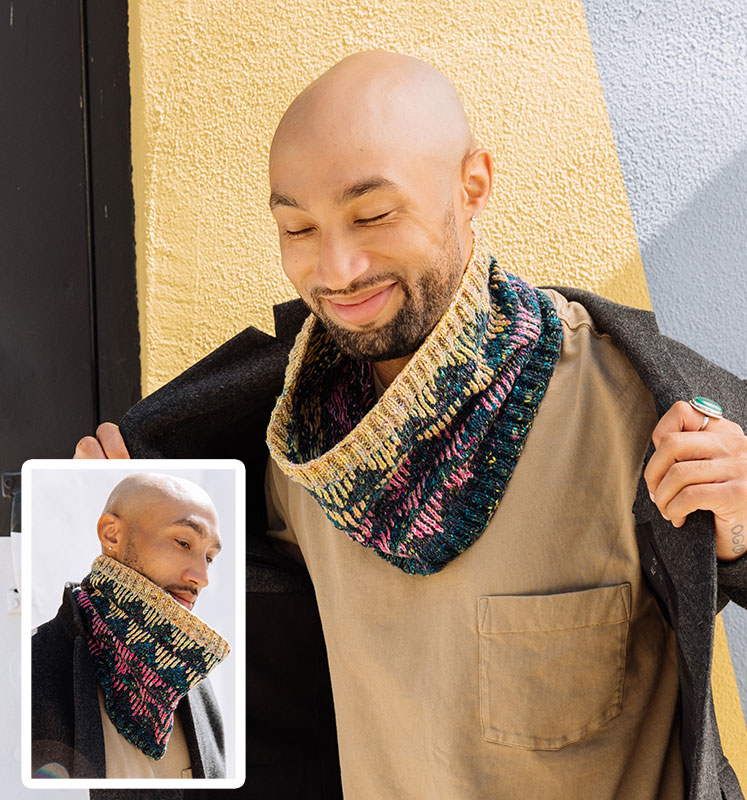 The hand knit Pyramids Ascend Cowl by Ayano Tanaka for Vogue Knitting