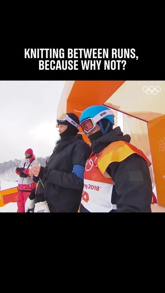 Finnish snowboard coach Antti Koskinen knitting on the slopes, working with needles and yarn while coaching at the Olympics