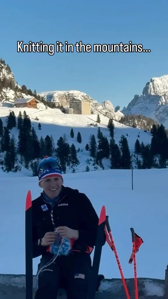Olympic biathlete Maxime Germain documenting his knitting project, on the slopes, demonstrating the same focus and steady hands required for precision shooting