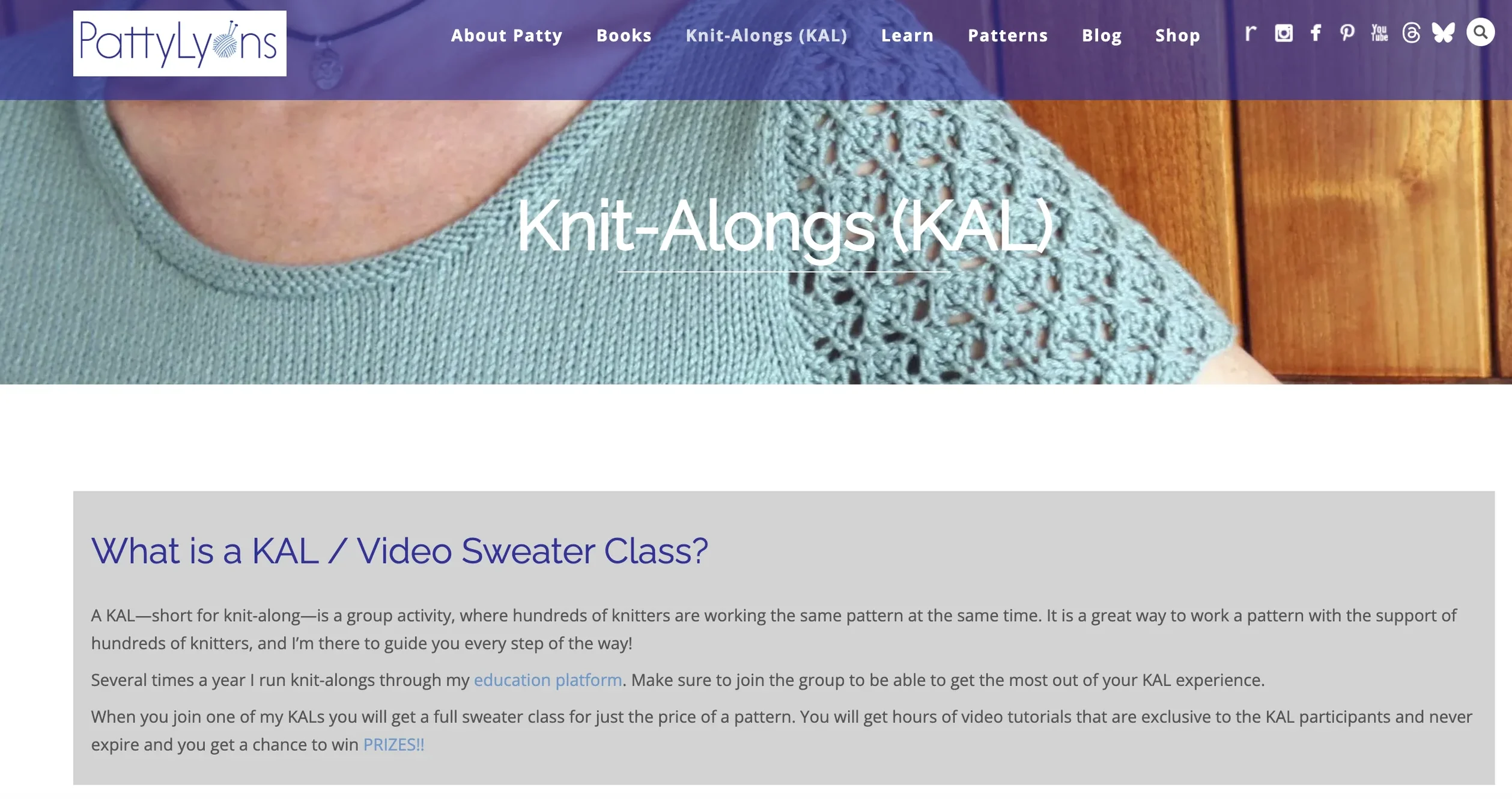Screenshot of the Patty Lyons Knit Along (KAL) page on her website