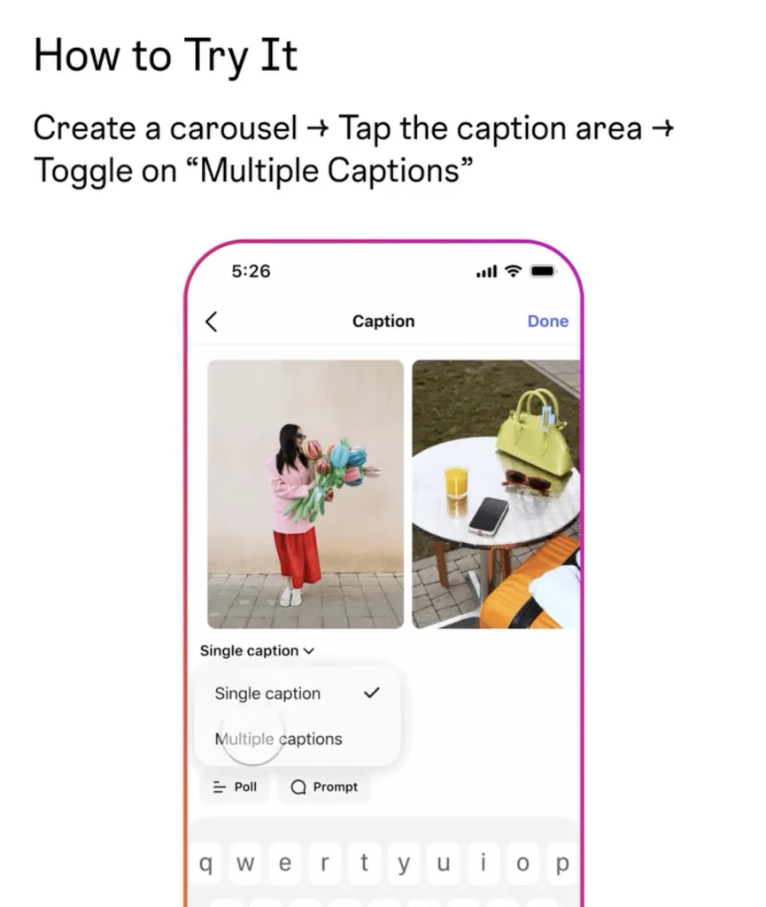 Instagram carousel feature showing how to add individual captions on each slide.