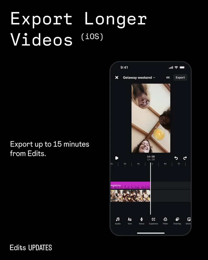 Meta Edits app interface displaying 15 minute video editing in the platform.