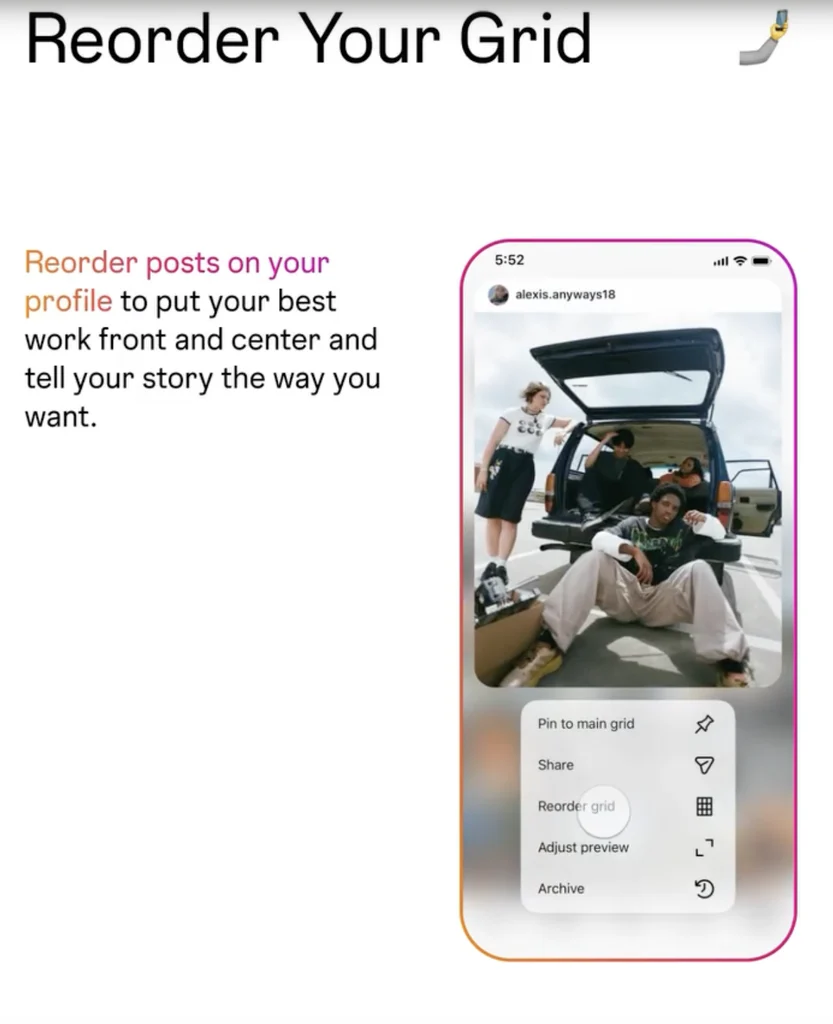 Instagram profile grid showing reordered posts with drag-and-drop interface menu visible.
